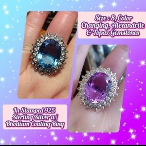 Sz: 6.25 or 8, Huge Alexandrite & Topaz Gemstones, 925 Ster. Silver/Rhodium Ring